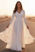Load image into Gallery viewer, White Lace Maxi V-Neck A Line Boho Wedding Dress with Cape