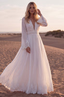 Load image into Gallery viewer, White A Line V-Neck Long Sleeves Beach Western Wedding Dress with Lace