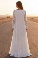 Load image into Gallery viewer, White Lace Maxi V-Neck A Line Boho Wedding Dress with Cape