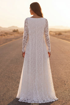 White Lace Maxi V-Neck A Line Boho Wedding Dress with Cape