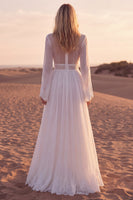 Load image into Gallery viewer, White A Line V-Neck Long Sleeves Beach Western Wedding Dress with Lace