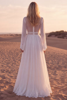 White A Line V-Neck Long Sleeves Beach Western Wedding Dress with Lace