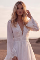 Load image into Gallery viewer, White A Line V-Neck Long Sleeves Beach Western Wedding Dress with Lace