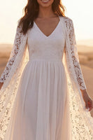 Load image into Gallery viewer, White Lace Maxi V-Neck A Line Boho Wedding Dress with Cape