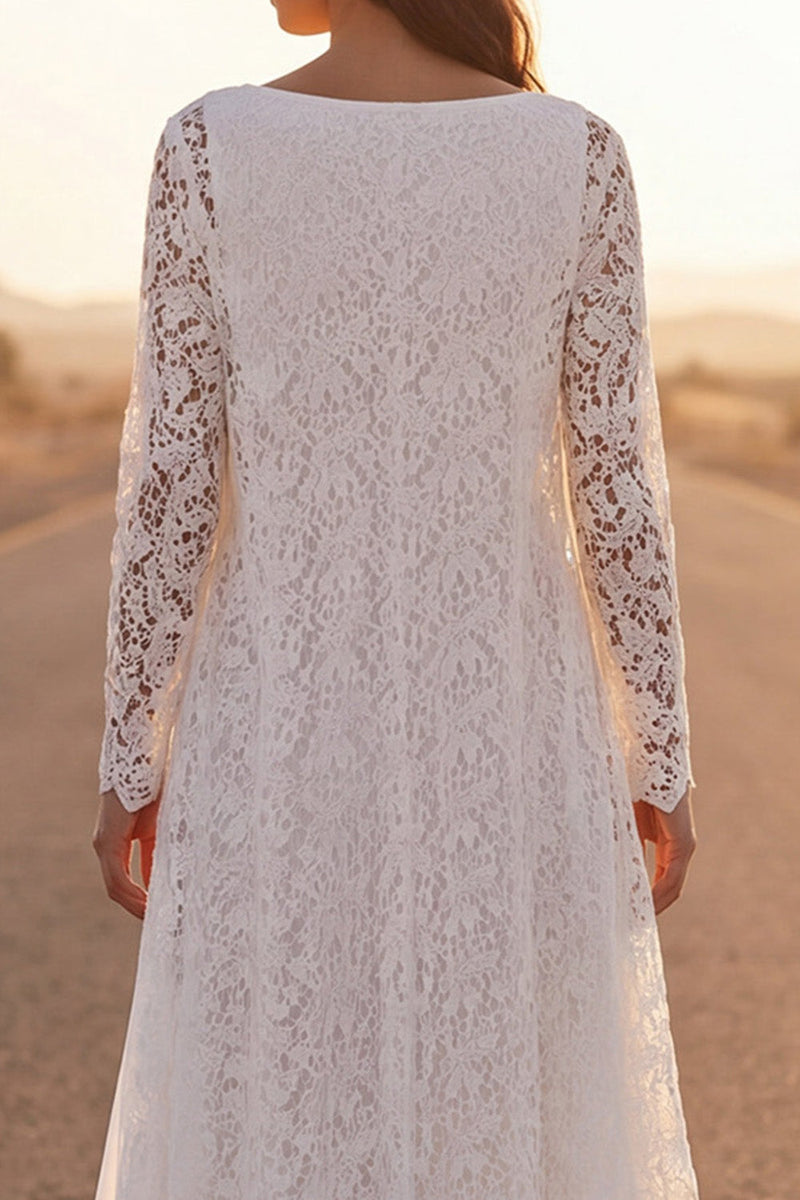 Load image into Gallery viewer, White Lace Maxi V-Neck A Line Boho Wedding Dress with Cape