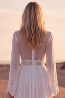 Load image into Gallery viewer, White A Line V-Neck Long Sleeves Beach Western Wedding Dress with Lace
