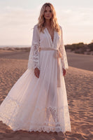 Load image into Gallery viewer, White A Line Long Sleeves V-Neck Beach Western Wedding Dress with Sash