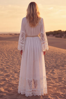 White A Line Long Sleeves V-Neck Beach Western Wedding Dress with Sash