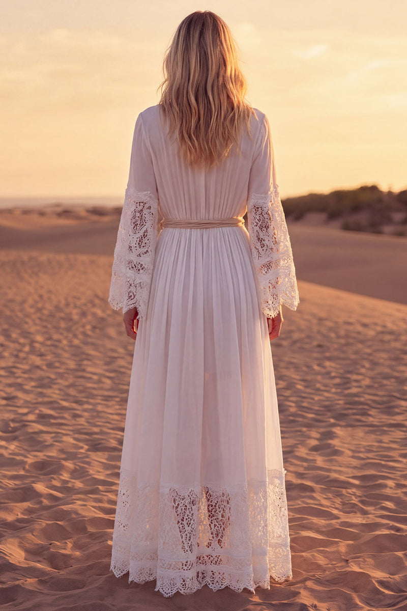 Load image into Gallery viewer, White A Line Long Sleeves V-Neck Beach Western Wedding Dress with Sash
