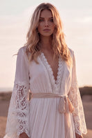 Load image into Gallery viewer, White A Line Long Sleeves V-Neck Beach Western Wedding Dress with Sash