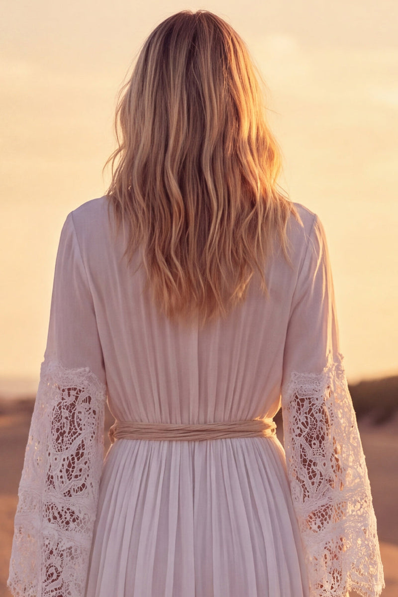 Load image into Gallery viewer, White A Line Long Sleeves V-Neck Beach Western Wedding Dress with Sash