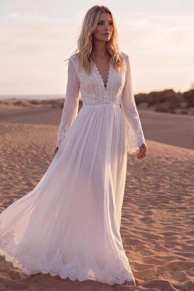 Queendancer Women White Beach Maxi Western Wedding Dress with Sleeves V