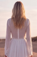 Load image into Gallery viewer, A Line V-Neck Long Sleeves White Beach Western Wedding Dress with Lace