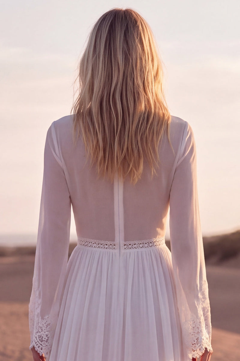 Load image into Gallery viewer, A Line V-Neck Long Sleeves White Beach Western Wedding Dress with Lace