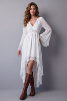 Load image into Gallery viewer, V-Neck White A Line High Low Beach Western Wedding Dress with Lace