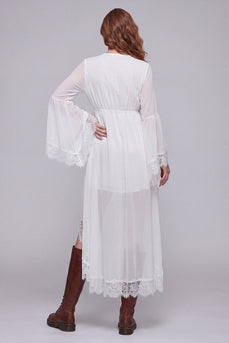 V-Neck White A Line High Low Beach Western Wedding Dress with Lace