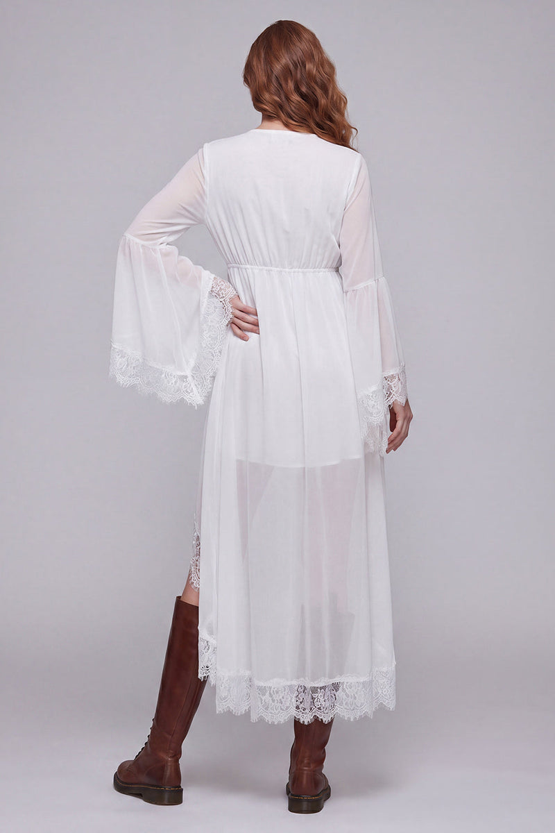 Load image into Gallery viewer, V-Neck White A Line High Low Beach Western Wedding Dress with Lace