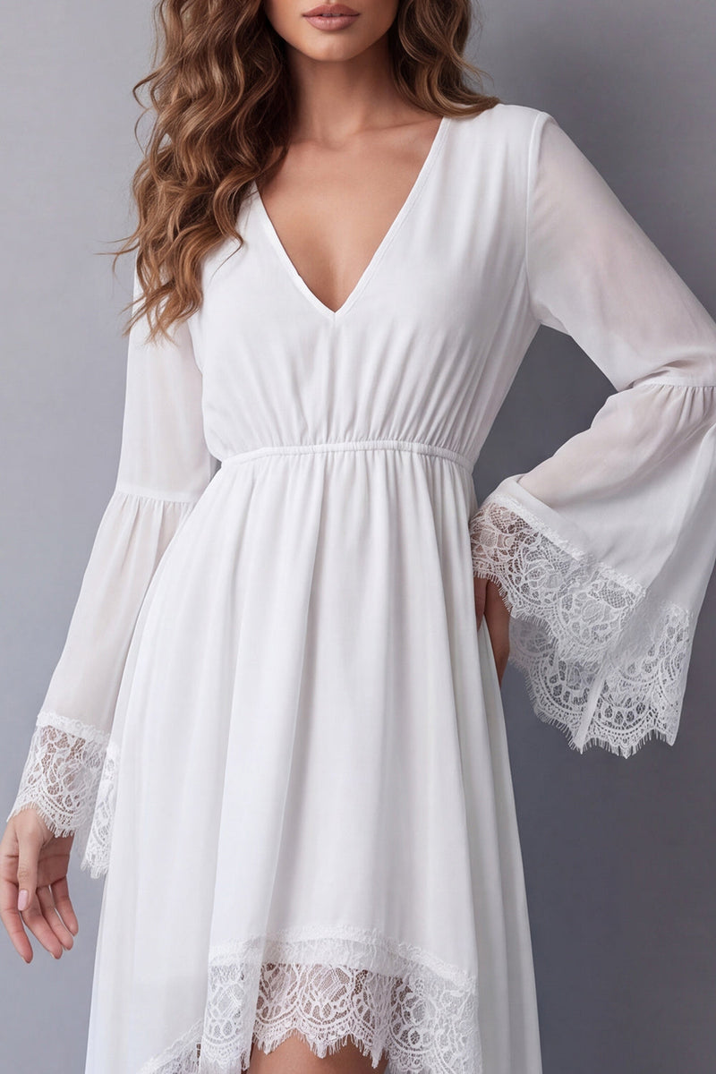 Load image into Gallery viewer, V-Neck White A Line High Low Beach Western Wedding Dress with Lace