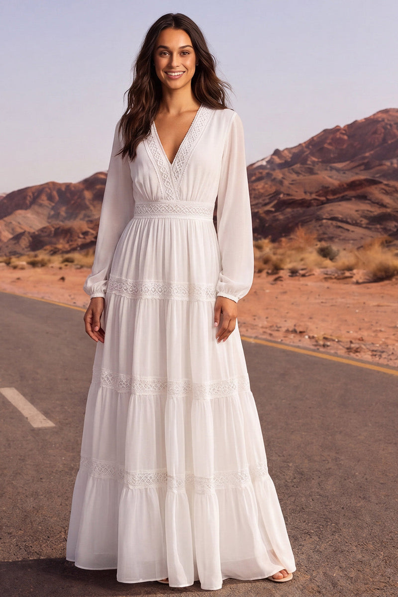 Load image into Gallery viewer, White Long Sleeves Floor Length V-Neck A Line Wedding Dress with Lace