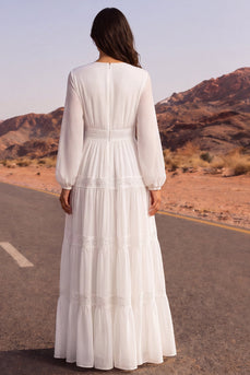 White Long Sleeves Floor Length V-Neck A Line Wedding Dress with Lace