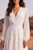 Load image into Gallery viewer, White Long Sleeves Floor Length V-Neck A Line Wedding Dress with Lace
