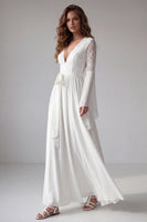 Load image into Gallery viewer, White Flare Sleeves V-Neck A Line Long Beach Wedding Dress with Lace