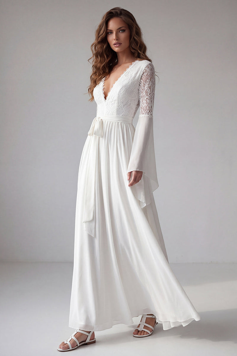Load image into Gallery viewer, White Flare Sleeves V-Neck A Line Long Beach Wedding Dress with Lace
