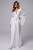 Load image into Gallery viewer, White Flare Sleeves V-Neck A Line Long Beach Wedding Dress with Lace