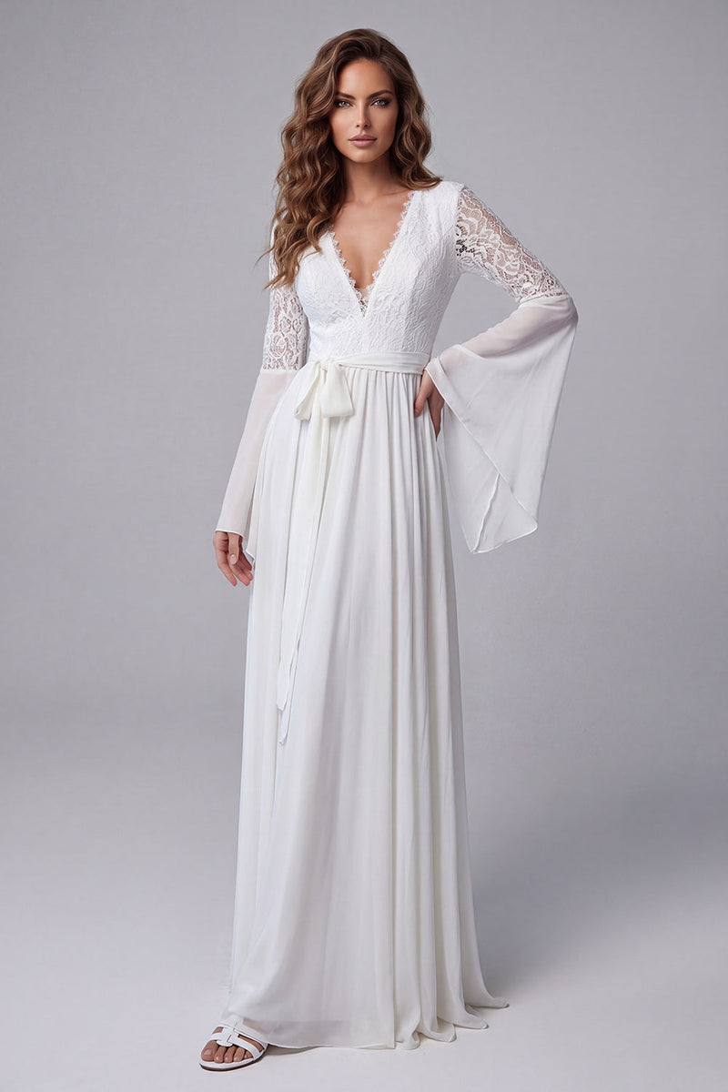 Load image into Gallery viewer, White Flare Sleeves V-Neck A Line Long Beach Wedding Dress with Lace