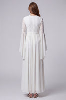Load image into Gallery viewer, White Flare Sleeves V-Neck A Line Long Beach Wedding Dress with Lace