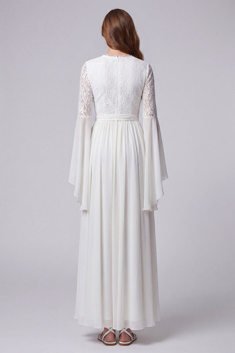 Load image into Gallery viewer, White Flare Sleeves V-Neck A Line Long Beach Wedding Dress with Lace