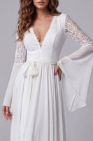 Load image into Gallery viewer, White Flare Sleeves V-Neck A Line Long Beach Wedding Dress with Lace