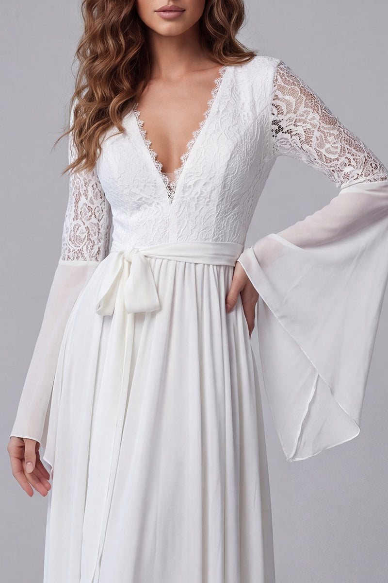 Load image into Gallery viewer, White Flare Sleeves V-Neck A Line Long Beach Wedding Dress with Lace