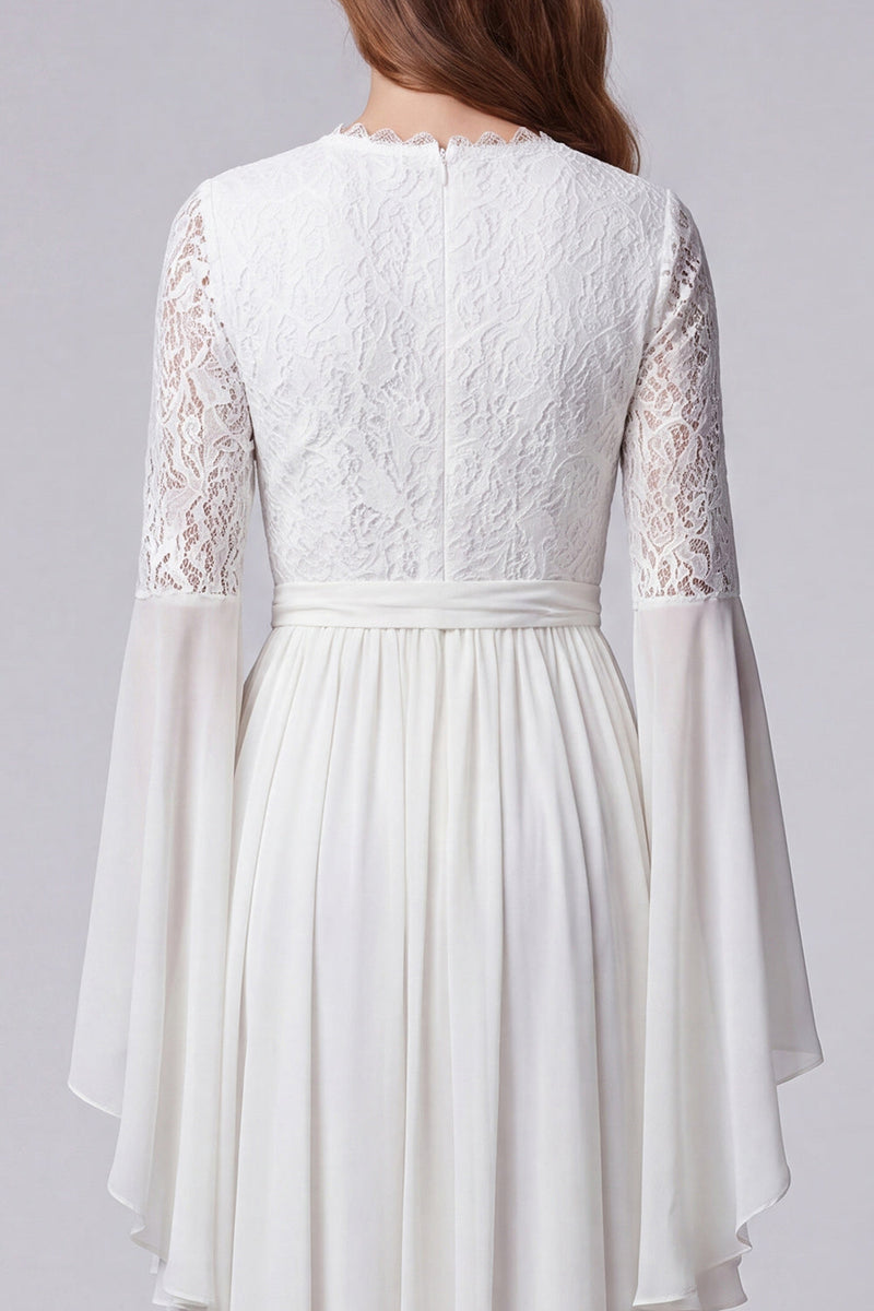 Load image into Gallery viewer, White Flare Sleeves V-Neck A Line Long Beach Wedding Dress with Lace
