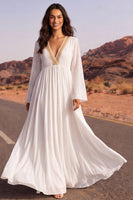 Load image into Gallery viewer, White A Line Long Sleeves Floor Length V-Neck Beach Wedding Dress with Sleeves