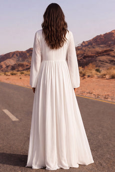 White A Line Long Sleeves Floor Length V-Neck Beach Wedding Dress with Sleeves