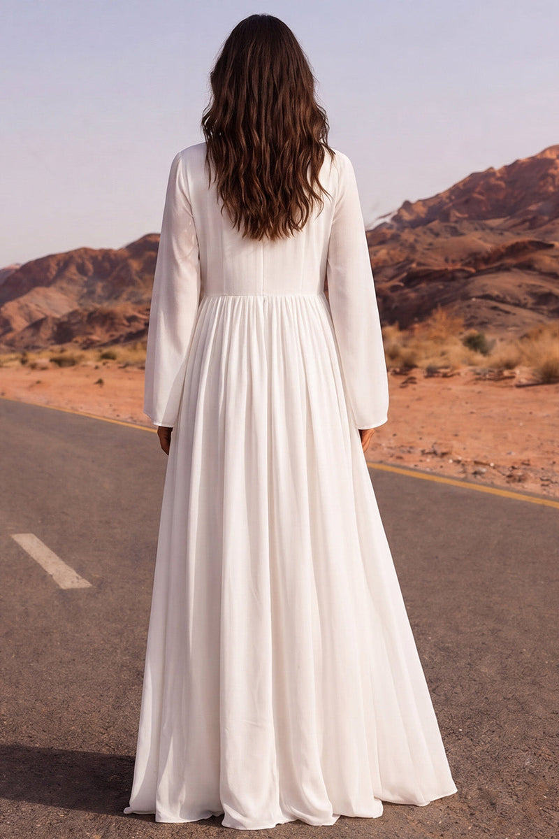 Load image into Gallery viewer, White A Line Long Sleeves Floor Length V-Neck Beach Wedding Dress with Sleeves