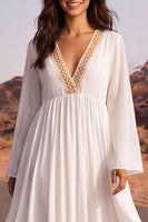 Load image into Gallery viewer, White A Line Long Sleeves Floor Length V-Neck Beach Wedding Dress with Sleeves