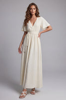 Load image into Gallery viewer, Apricot Short Sleeves V-Neck A Line Maxi Beach Wedding Dress with Sash