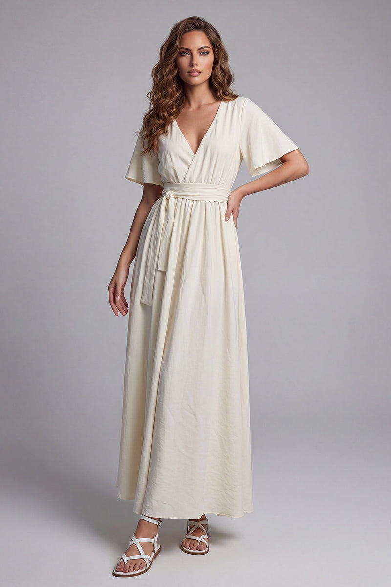 Load image into Gallery viewer, Apricot Short Sleeves V-Neck A Line Maxi Beach Wedding Dress with Sash