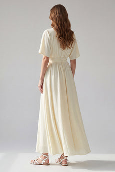 Apricot Short Sleeves V-Neck A Line Maxi Beach Wedding Dress with Sash