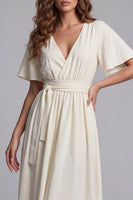 Load image into Gallery viewer, Apricot Short Sleeves V-Neck A Line Maxi Beach Wedding Dress with Sash