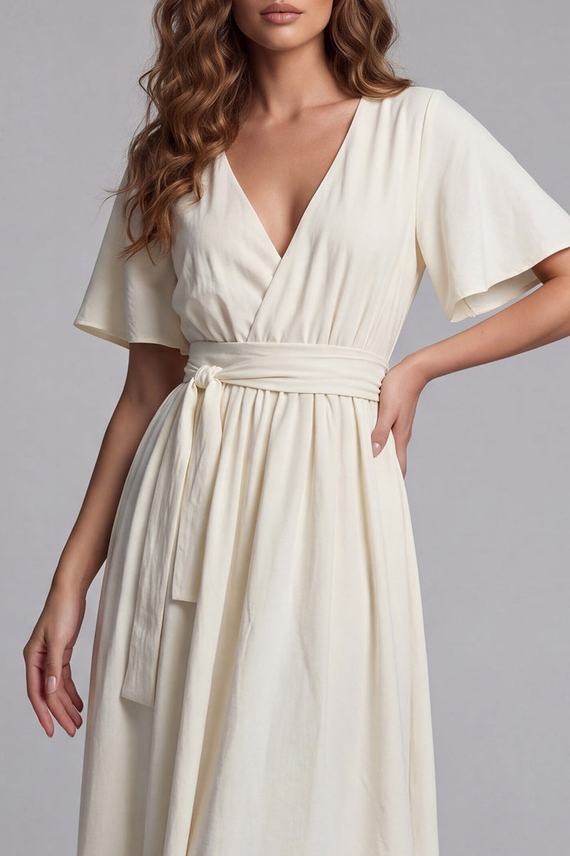 Load image into Gallery viewer, Apricot Short Sleeves V-Neck A Line Maxi Beach Wedding Dress with Sash