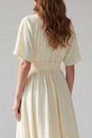 Load image into Gallery viewer, Apricot Short Sleeves V-Neck A Line Maxi Beach Wedding Dress with Sash