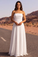 Load image into Gallery viewer, Ruched Strapless A Line White Long Beach Wedding Dress