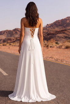 Ruched Strapless A Line White Long Beach Wedding Dress