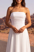 Load image into Gallery viewer, Ruched Strapless A Line White Long Beach Wedding Dress