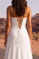 Load image into Gallery viewer, Ruched Strapless A Line White Long Beach Wedding Dress
