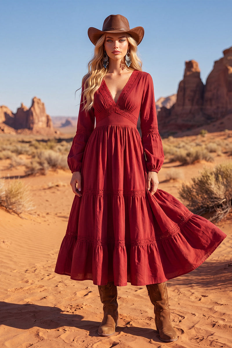 Load image into Gallery viewer, Red V-Neck A Line Maxi Long Sleeves Boho Dress