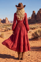 Load image into Gallery viewer, Red V-Neck A Line Maxi Long Sleeves Boho Dress